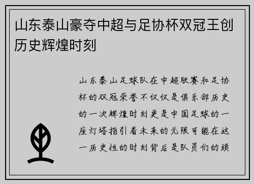 山东泰山豪夺中超与足协杯双冠王创历史辉煌时刻 山东泰山豪夺中超与足协杯双冠王创历史辉煌时刻